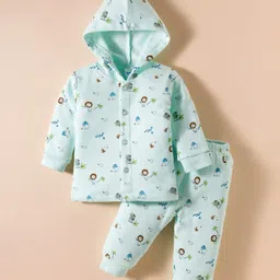 Tango Fleece Knit Full Sleeves Winter Wear Night Suit With Animal Print - Aqua-picture-13