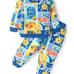 Babyhug Terry Knit Full Sleeves T-Shirt & Joggers Set with Text Print - Blue Yellow & Red image 2