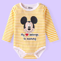 Babyhug Disney Interlock Knit Full Sleeves Striped Onesie With Mickey Mouse Graphics Footed Lounge Pant & Cap - White Yellow & Blue image 2