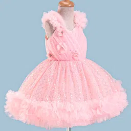 Enfance Sleeveless Floral Applique Sequin Embellished Ruffle Detailed Dress - Peach image 2