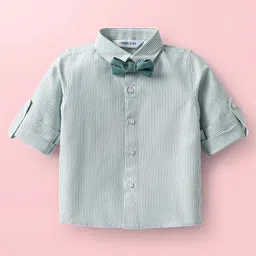 Mark & Mia Cotton Woven Full Sleeves Striped Party Shirt & Trouser with Bow & Suspender - Teal Blue image 2