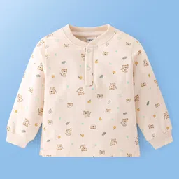 Babyoye Fleece Qulited Fabric Full Sleeves Henley Neck T-Shirt & Lounge Pants Set With Animal Print - Cream & Tan image 2