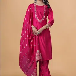 DIVASTRI Ethnic Motifs Embroidered Round Neck Straight Kurta With Trousers & Dupatta-picture-12
