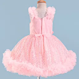 Enfance Sleeveless Floral Applique Sequin Embellished Ruffle Detailed Dress - Peach image 3
