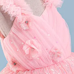 Enfance Sleeveless Floral Applique Sequin Embellished Ruffle Detailed Dress - Peach image 4