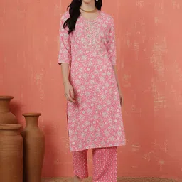 Anouk Floral Printed Thread Work Straight Kurta With Trousers-picture-17