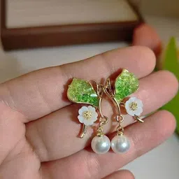 Tiso Gold plated Crystal Studded And Pearls Beaded Floral Shaped Korean Drop Earrings-picture-22