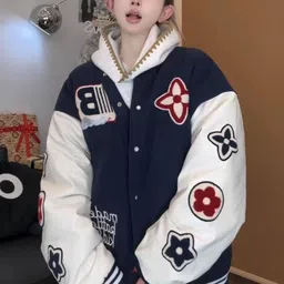 KPOP Women Brand Logo Colourblocked Varsity Jacket with Embroidered-image-50