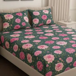 bsb home Green & Pink Floral Printed 210 TC Fitted Bedsheet Set 1.82 m x 1.72 m image 5