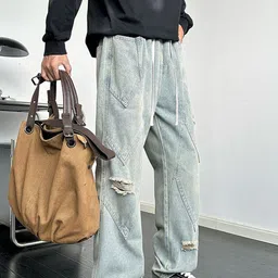 StyleCast Men Solid Wide Leg Mid-Rise Low Distress Washed Light Fade Jeans-image-37