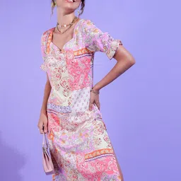 DressBerry Floral Print Puff Sleeve A-Line Midi Dress-image-39