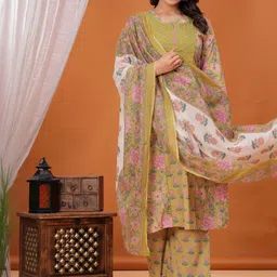 KALINI Women Floral Printed Empire Thread Work Pure Cotton Kurta with Trousers & With Dupatta image 4