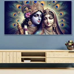 nestroots Navy Blue & Green Lord Radhakrishna Religious Printed Canvas Wall Painting-picture-16