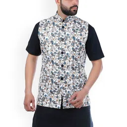 VEERA PARIDHAAN Jute Cotton Printed Chinese Collar Nehru Jacket image 2