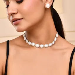 VOJ Silver-Plated American Diamond Studded & Beaded Choker Jewellery Set image 3