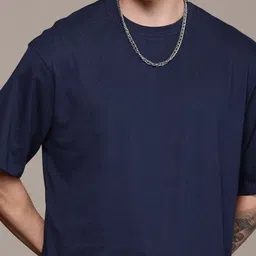Mast & Harbour Navy Blue Drop-Shoulder Sleeves Anti Odour Pure Cotton Oversized Tshirt image 3