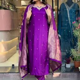 HERE&NOW Women Ethnic Motifs Embroidered Chanderi Silk Kurta With Trousers & Dupatta-picture-24