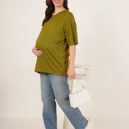 angloindu Round Neck Drop-Shoulder Sleeves Oversized Cotton Maternity T-shirt image 2
