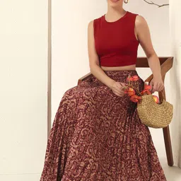 ZWERLON Floral-Printed Full-Length A-Line Pleated Skirt image 5