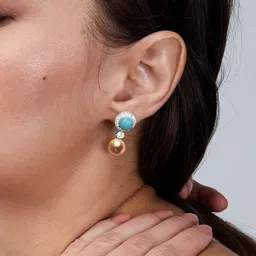 MINUTIAE Rose Gold-Plated Stones Studded & Pearls Beaded Spherical Shaped Drop Earrings image 5