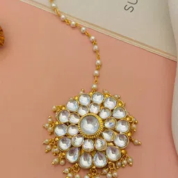 ABDESIGNS Gold-Plated Polki Kundan Studded and Beaded Maang Tikka image 3