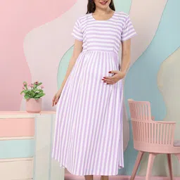 EASY MOM Striped Maternity Fit & Flare Maxi Dress-image-64