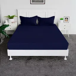 A Next Step Navy Blue & Black Striped Queen Bedsheet with 2 Pillow Covers-image-65
