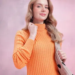 DressBerry Vertically Self-Striped Turtle Neck Acrylic Pullover-image-67