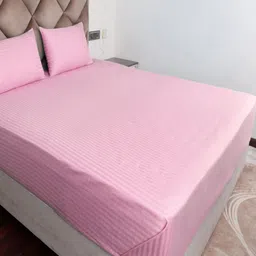 AJISH Pink Striped 300 TC King Bedsheet with 2 Pillow Covers image 2