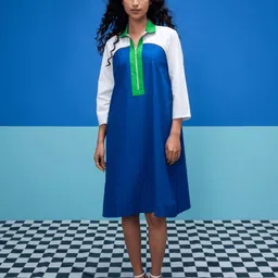 Stylefables Colourblocked Shirt Collar Cotton A-Line Dress-image-1