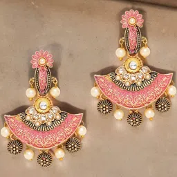 Anouk Women Pink Metal Meenakari & Kundan Pearls Floral Drop Earrings-image-50