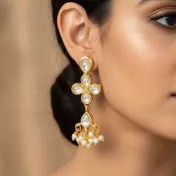 aadita Gold-Plated Kundan Studded Floral Shaped Drop Earrings-image-70