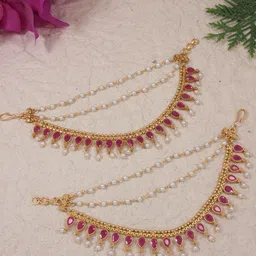 I Jewels Gold-Plated Stones Studded And Beaded Contemporary Shaped Tasselled Ear Cuff image 1