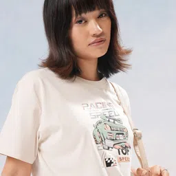 Women Printed Round Neck Pure Cotton White T-Shirt-image-52