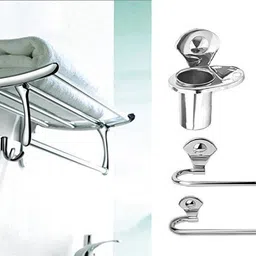 garbnoire Stainless Steel Folding Towel Rack/ Towel Stand / Towel Hanger (18 inch) with Bathroom Accessories Set Combo Silver Towel Holder image 2