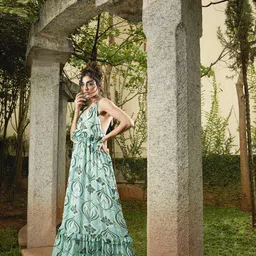 MANGO Green & White Floral Halter Neck Maxi Dress-image-33