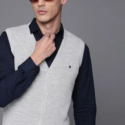 Louis Philippe Men Grey Melange Self-Design Cardigan-image-72