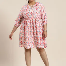 Sztori Plus Size Floral Print Tie-Up Neck Puff Sleeve A-Line Dress image 5