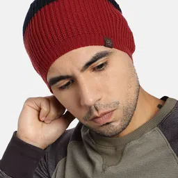 WROGN Unisex Red & Navy Blue Colourblocked Beanie image 2