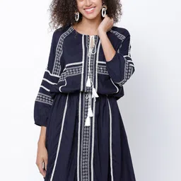 Tokyo Talkies Women Navy Blue Solid Blouson Dress-picture-15