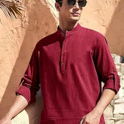 BHUVIKOO Band Collar Roll-Up Sleeves Straight Short Kurta-picture-36