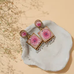 WHE Wooden Fabric & Artificial Beaded Square Shaped Drop Earrings-image-69