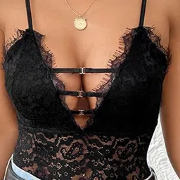 StyleCast Black Shoulder Straps Self Design Sleeveless Polyester Bodysuit image 2