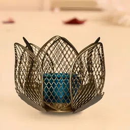 CraftVatika Brown & Blue Textured Metal & Glass Lotus Candle Tealight Holder-image-11