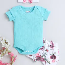 BUMZEE Cotton Half Sleeves Floral Printed Onesie & Short Set With Headband - Turquoise Blue & White-image-20