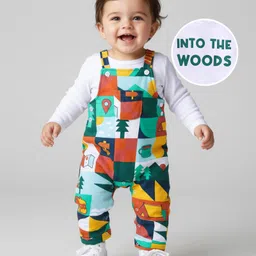 Babyhug Single Jersey Knit Full Sleeves Solid T-Shirt & Dungaree Style Romper with Jungle Theme Print - White & Green-picture-19