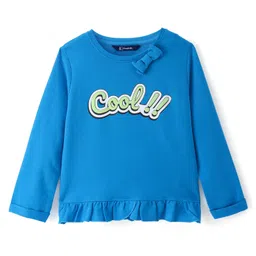 Pine Kids Cotton Knit Full Sleeves Top with Text Print Bow & Frill Detailing - Blue-picture-26