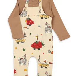 My Milestones 100% Cotton Animals Printed & Pocket Detailed Dungaree With Full Sleeves Solid Tee Set - Tan & Cream-picture-19