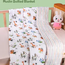 Bonfino Premium Organic Muslin Quilted Blanket African Safari Print - Green & White-picture-36