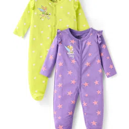 Babyhug Disney Interlock Knit Full Sleeves Sleep Suits with Tinker Bell Graphics & Frill Detailing Pack of 2 - Green & Purple-picture-10